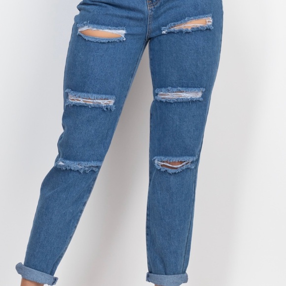 Blue Boyfriend Distressed Jeans with Rolled Cuffs - Picture 1 of 1